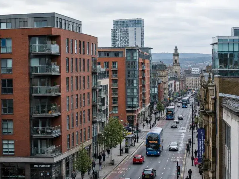 City-centre apartments and a busy high street in Leeds