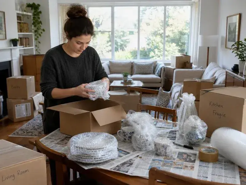 Wrapping china and glassware in bubble wrap for a house move