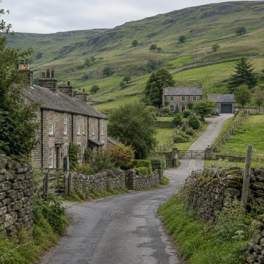 Narrow country lane leading to stone cottages and a farmhouse in the hills