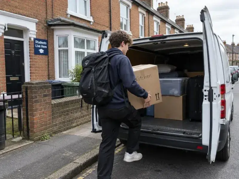 Student loading labelled boxes into a van outside a terraced house