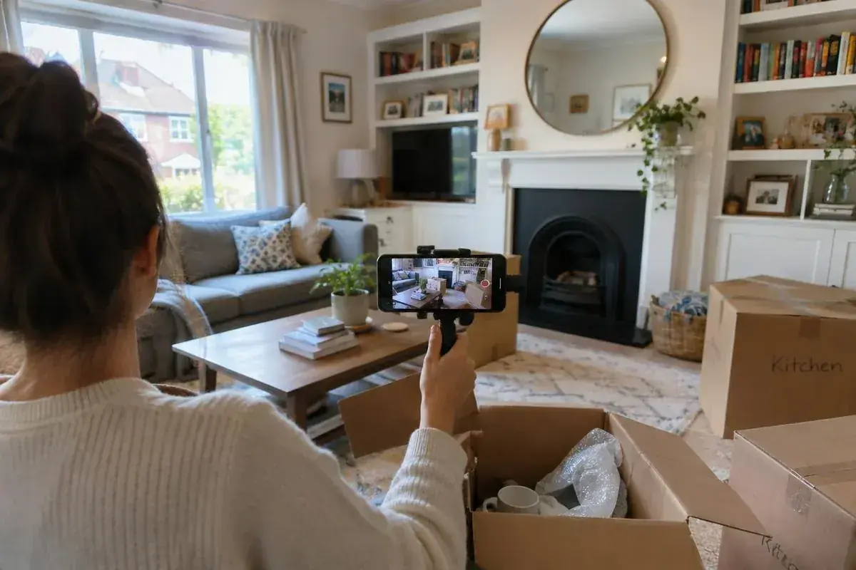 Filming a living room on a phone for a video removal quote