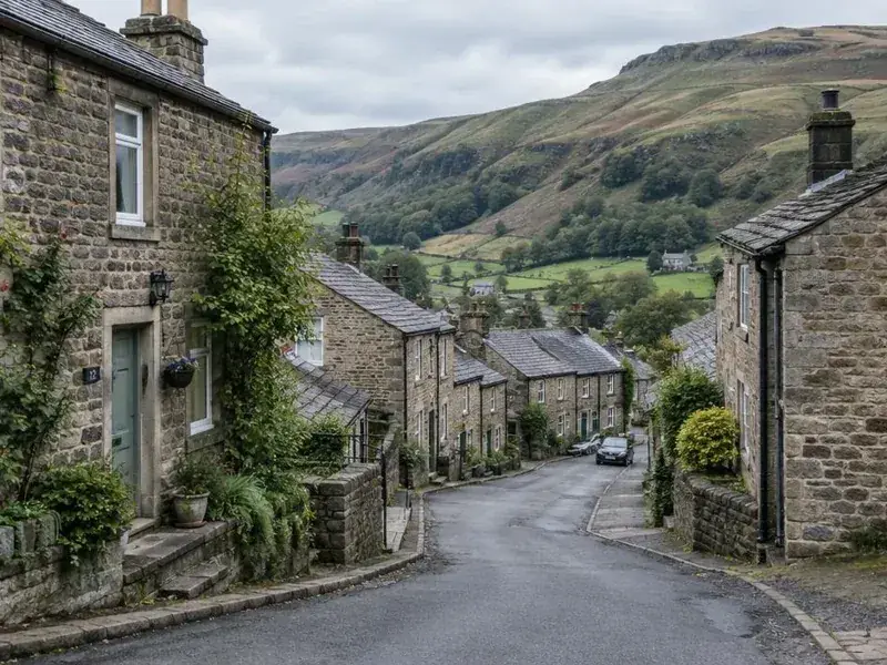 Stone cottages on a narrow village street in the Pennine hills