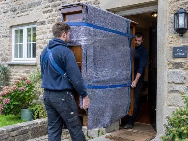 Two removers carrying a blanket-wrapped wardrobe out of a stone cottage
